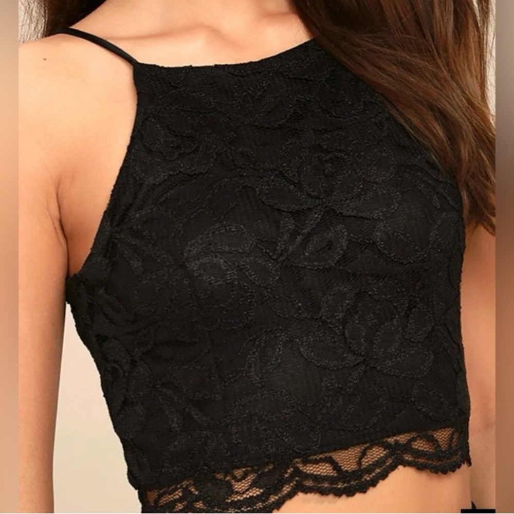 Lulu's Classic Black Lace Crop Top Lace up